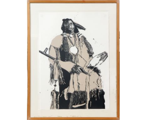 LITHOGRAPH, H 30", L 22", NATIVE AMERICAN MAN:   Depicting a seated Native American man holding a  pipe.  Illegibly signed lo