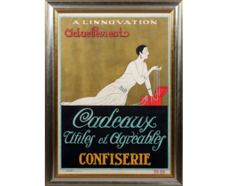 ANDRE E. MARTY[FRENCH 1882-1974], COLOR  LITHOGRAPH POSTER, 1924, H 43", W 30",:   "Cadeaux Utiles et Agreables - A Linnovati