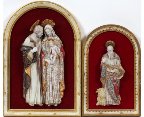 PROF. E. PATTARINO, CERAMIC PLAQUES, 20TH C.,  TWO, THE HOLY FAMILY, 20" X 10" & ST. LUKE, 15"  X 6 1/2":  Each signed on ver