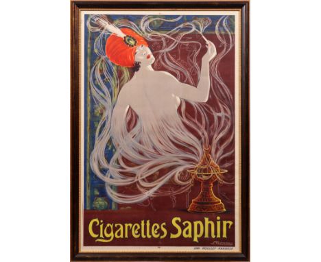 STEPHANO [20TH C.] COLOR LITHOGRAPH POSTER, H  44", W 29", "CIGARETTES SAPHIR",:  Framed.  
