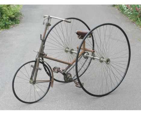A c1882 Thomas Humber 'Cripper' Tricycle.  The Automatic-Steerer model, it has 40-inch driving wheels propelled by a good qua