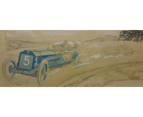 Ernest Montaut (1879-1909):  An unidentified scene of  a blue Grand Prix chain-drive Peugeot numbered "5" being hotly pursued