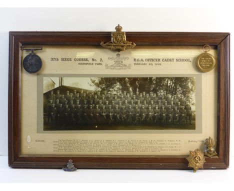 R. G. A. Officer Cadet School.  A framed and glazed monochrome horizontal format photograph of the members of the 37th Siege 