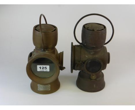 Joseph Lucas Oil Lamps.  Two 630-series combination number plate and rear light lamps with carrying bails. AF (2)
