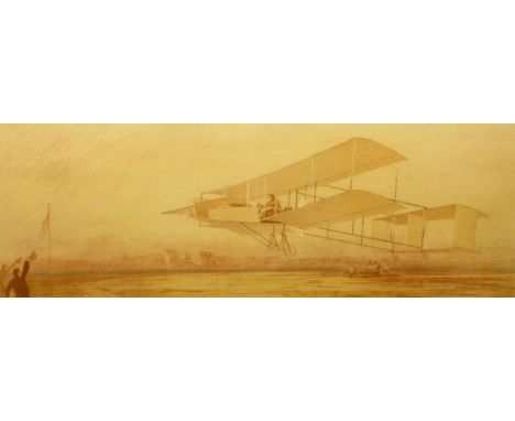 Ernest Montaut (1879-1909):  An unidentified scene of a box-kite racing a car over a broad landscape. Original lithograph fra