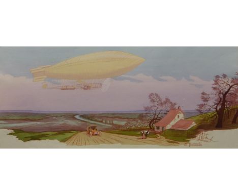 Ernest Montaut (1879-1909): Raid Paris-Verdun Le Dirigeable 'Ville-de-Paris' (1909).  Original lithograph, 17¾ x 35½-inches (