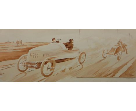 Ernest Montaut (1879-1909): Gabriel sur Mors  gagnant La Course Paris-Madrid, 1903. Original lithograph, 17¾ x 35.75-inches (
