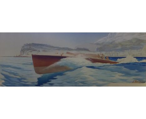 Ernest Montaut (1879-1909): Le "Panhard et Levassor"  gagnant du Championnat de la Mer en 1908. Original lithograph, 17¾ x 35