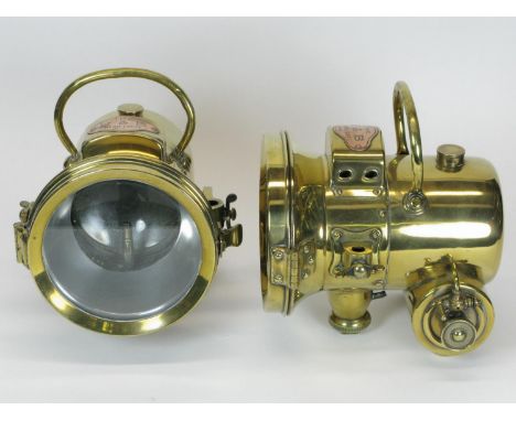 Howes &amp; Burley Lamps.  A sided-pair of self-contained acetylene-gas lamps dating just pre-WWI. Finished in polished brass