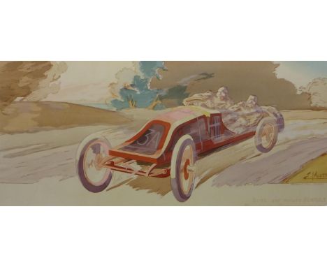 Ernest Montaut (1879-1909): Szisz sur Voiture Renault  gagnant du Grand Prix de l'A. C. F. (1906). Original lithograph mounte
