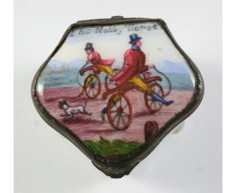 Patch Box. A shaped white enamel box with a hinging lid, itself with an underglaze colour depiction of two Hobby Horse riders