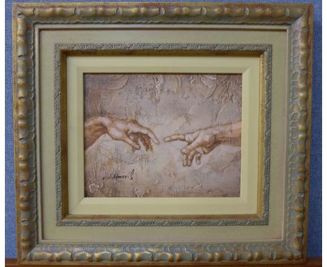 W. Harris, Renaissance style study of hands, oil on board and a lithograph, portrait