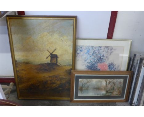 H.E. Hutchinson, rural landscape, oil on canvas and assorted prints