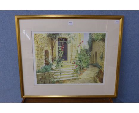 A signed limited edition Veronica Charlesworth print, Hollyhocks, 322/475, framed