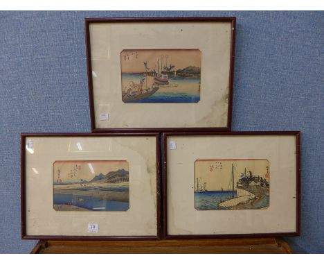 Three Japanese wood block prints, framed