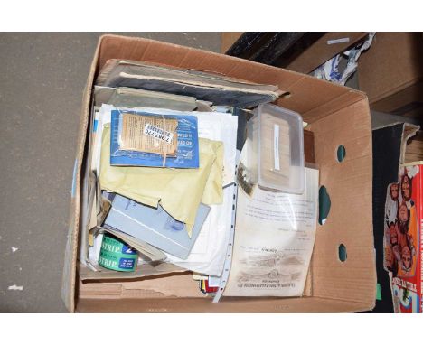 Box containing a quantity of assorted ephemera including cigarette cards, stamp album etc