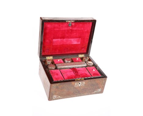 A 19TH CENTURY MOTHER-OF-PEARL INLAID ROSEWOOD VANITY BOX, the fitted interior with silver-plate topped jars and lidded compa
