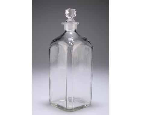 A SQUARE CUT-GLASS DECANTER, LATE 18TH CENTURY, with octagonal rim, panelled shoulders and corners, engraved with an initial 