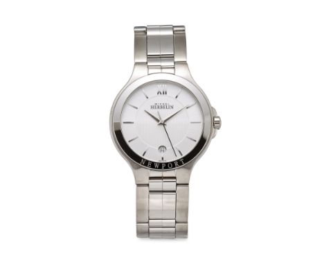 A GENTS STEEL MICHEL HERBELIN NEWPORT BRACELET WATCH. Circular silver dial with baton index, silver hands, date aperture at 6