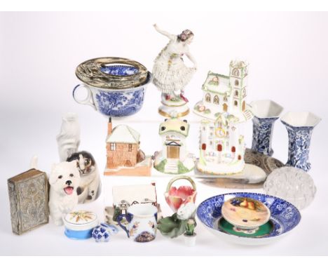 SIX COALPORT PORCELAIN COTTAGES AND BUILDINGS, including 'Village Church', 15cm high; a Porzellanmalerei Ambrosius Lamm porce