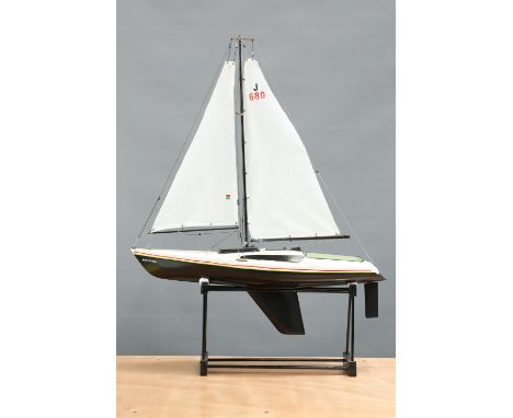 MODEL YACHT 'SEA WITCH', J680, the refurbished fibreglass sailing boat on stand. Yacht height approx. 113cm (excluding stand)