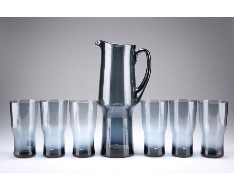 A MID-CENTURY SCANDINAVIAN SMOKED GLASS LEMONADE SET, comprising a jug and three beakers, of inverted tapering form, graduate