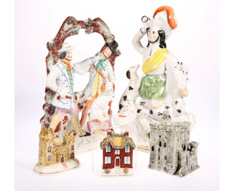 A LARGE VICTORIAN STAFFORDSHIRE POTTERY GROUP, depicting two huntsmen fighting 34cm high; A LARGE VICTORIAN STAFFORDSHIRE POT