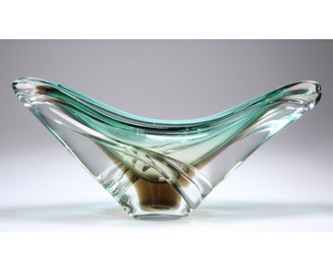 A MURANO SCULPTURE SHADED GREEN ART GLASS BOWL, of winged form. 37cm by 12cm by 15.5cm.&nbsp;The absence of a Condition Repor