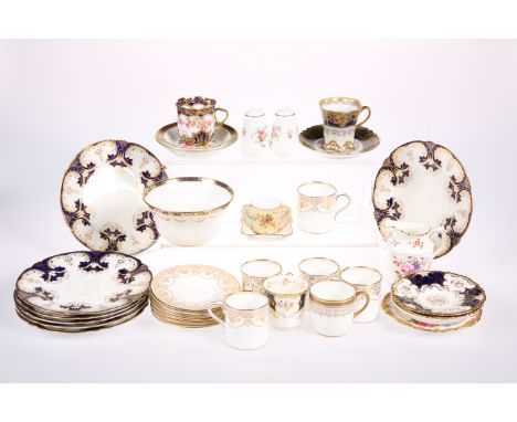 FIVE WEDGWOOD PORCELAIN COFFEE CANS AND SIX SAUCERS, decorated with gilt on a white ground; A SET OF SEVEN FOLEY CHINA PORCEL