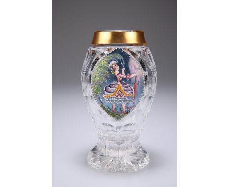 A HAIDA BOHEMIAN GLASS VASE, of footed ovoid form, enamel painted with a lady holding a parasol, late 19th Century. 15.5cm hi