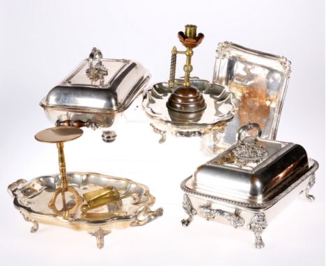 A LARGE COLLECTION OF SILVER-PLATE AND METALWORK, including entree dishes, pair of Arts and Crafts copper and brass chamberst