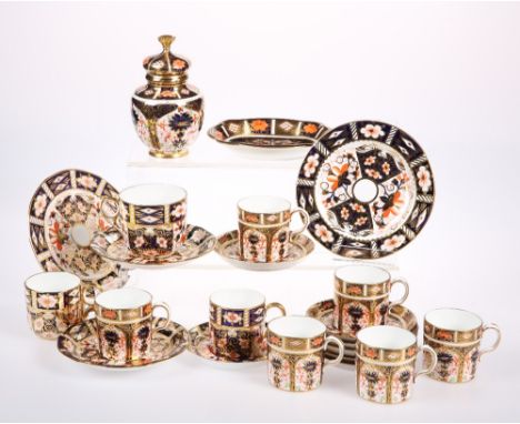 SIX ROYAL CROWN DERBY OLD IMARI PATTERN PORCELAIN COFFEE CANS AND SAUCERS, pattern 1128, printed marks for 1914-17 and 1940; 