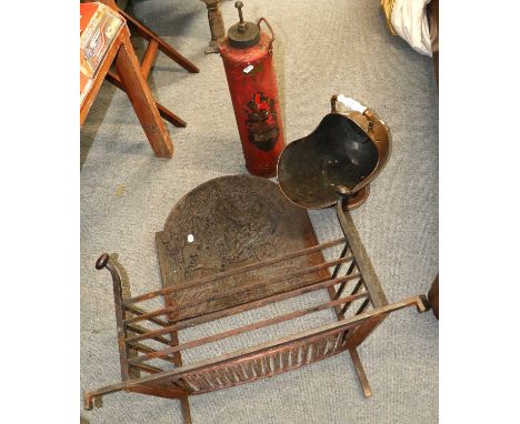 A 19th century Iron Fire Grate, with arch topped back decorated in relief with a chariot scene, together with a copper coal s