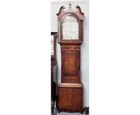 An Oak and Mahogany Eight Day Longcase Clock, early 19th century, 14.5 inch arch painted dial, signed Benge Farrer Pontefract