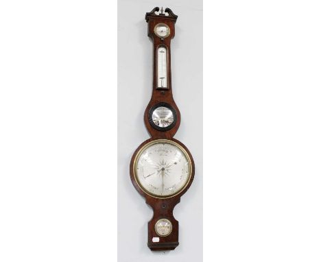 A Mahogony Wheeled Barometer, circa 1840, spirit level dial signed Mitchell and Son Chesham, 99cm high