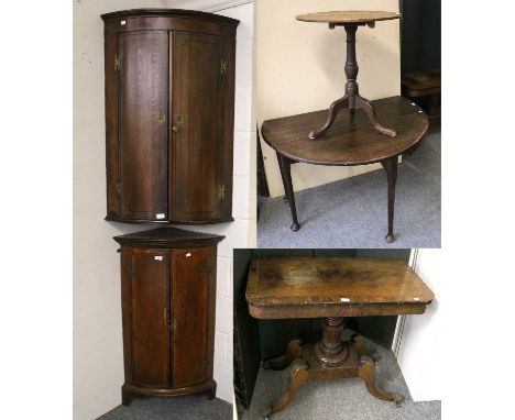 A Georgian Oak Tripod Table, together with a Gate leg table of similar date, two Georgian corner cupboards, and a Regency sid