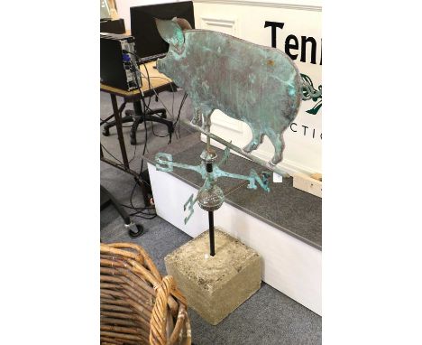 A Copper Weather Vane, in the form of a pig, mounted on a square sandstone plinth, 118cm highDimensions of the pig - 69.37cmS