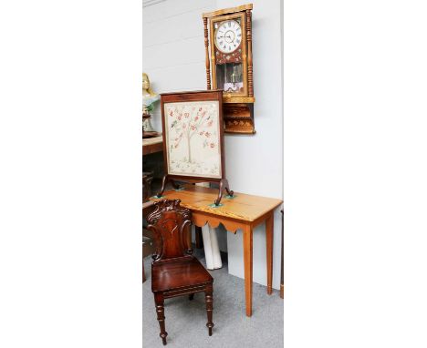 A Victorian Pine Side Table, A Regency Mahogany Hall Chair, An Embroidered Fire Screen and An Inlaid Striking Wall Clock, 85c