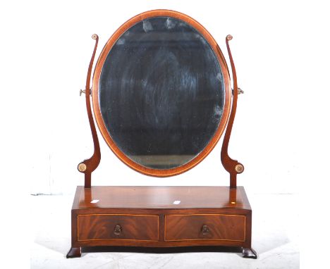 Edwardian style mahogany dressing table mirror, oval adjustable plate, scrolled supports, serpentine base with two drawers, o