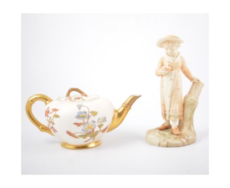 Royal Worcester teapot, blush ivory ground, simulated bamboo handle and finial, 11cm; together with Royal Worcester ivory gro