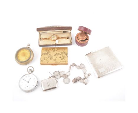 Lady's gold wristwatch, silver cigarette case, vesta case, travelling inkwell, pocket watches, etc. (7)