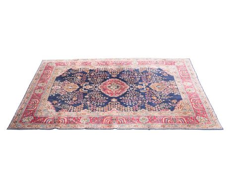 Sparta carpet of Kashan design, central flower burst hanging lantern, midnight blue field, main border or willow flowering bu