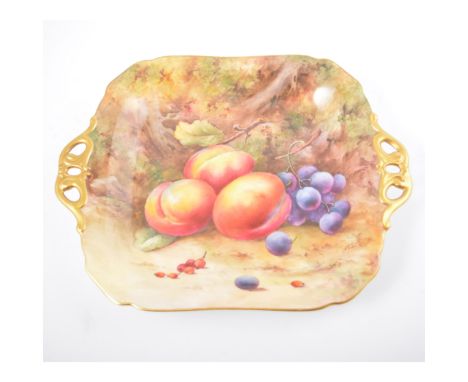 Royal Worcester dish, square form, with twin scrolled handles, hand-painted with still life of fruit, signed Price, 28cm.
