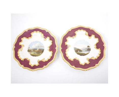 Pair of Flight Barr & Barr Worcester cabinet plates, each 22.5cm, painted with a named scene, Port Eliot, Cornwall, and Walsi