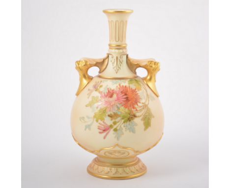 Royal Worcester twin handled vase, blush ivory ground, hand-painted with flowers, No.626, printed and impress marks, 23cm.