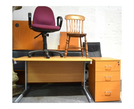 Suite of office furniture, to include: cherry effect corner desk, with cabinet super-structure, leather office chair, matchin