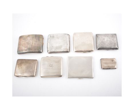 Seven silver cigarette cases and a book match-case, various plain and engine turned designs, all fully hallmarked, largest 9.