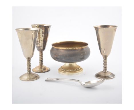 Embossed brass stick stand, 86cm, three boxes of silver plated items.