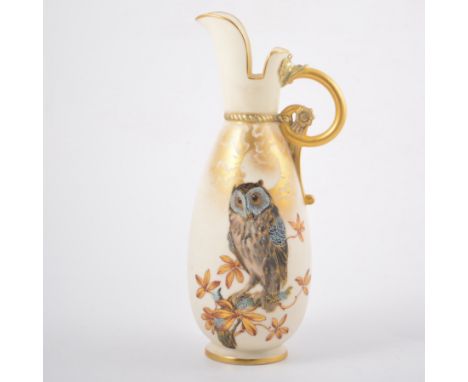 Royal Worcester ivory ground ewer, gilt outlines, painted with an owl, No.1065, 24cm.