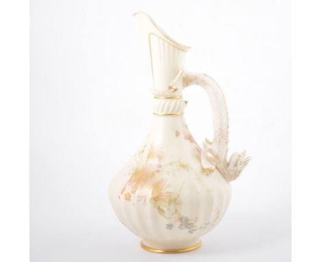 Royal Worcester, No.1463, ivory ground jug, lizard handle, painted with flowers, height 31cm, the handle very worn.